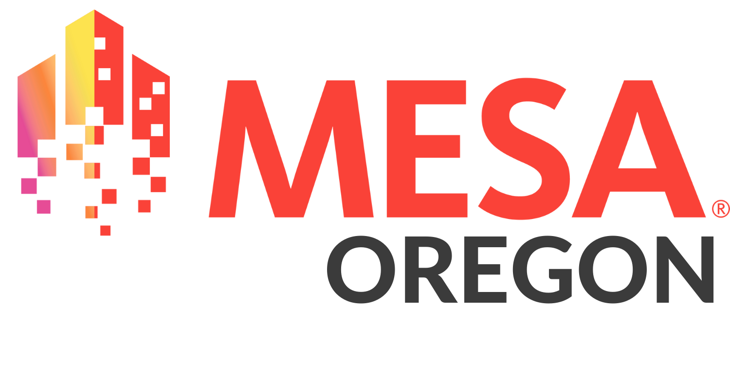 Oregon MESA Logo NEW-color Logo with a stylized, pixelated building in orange, yellow, and pink on the left, and the words MESA OREGON in bold red and black letters on the right.