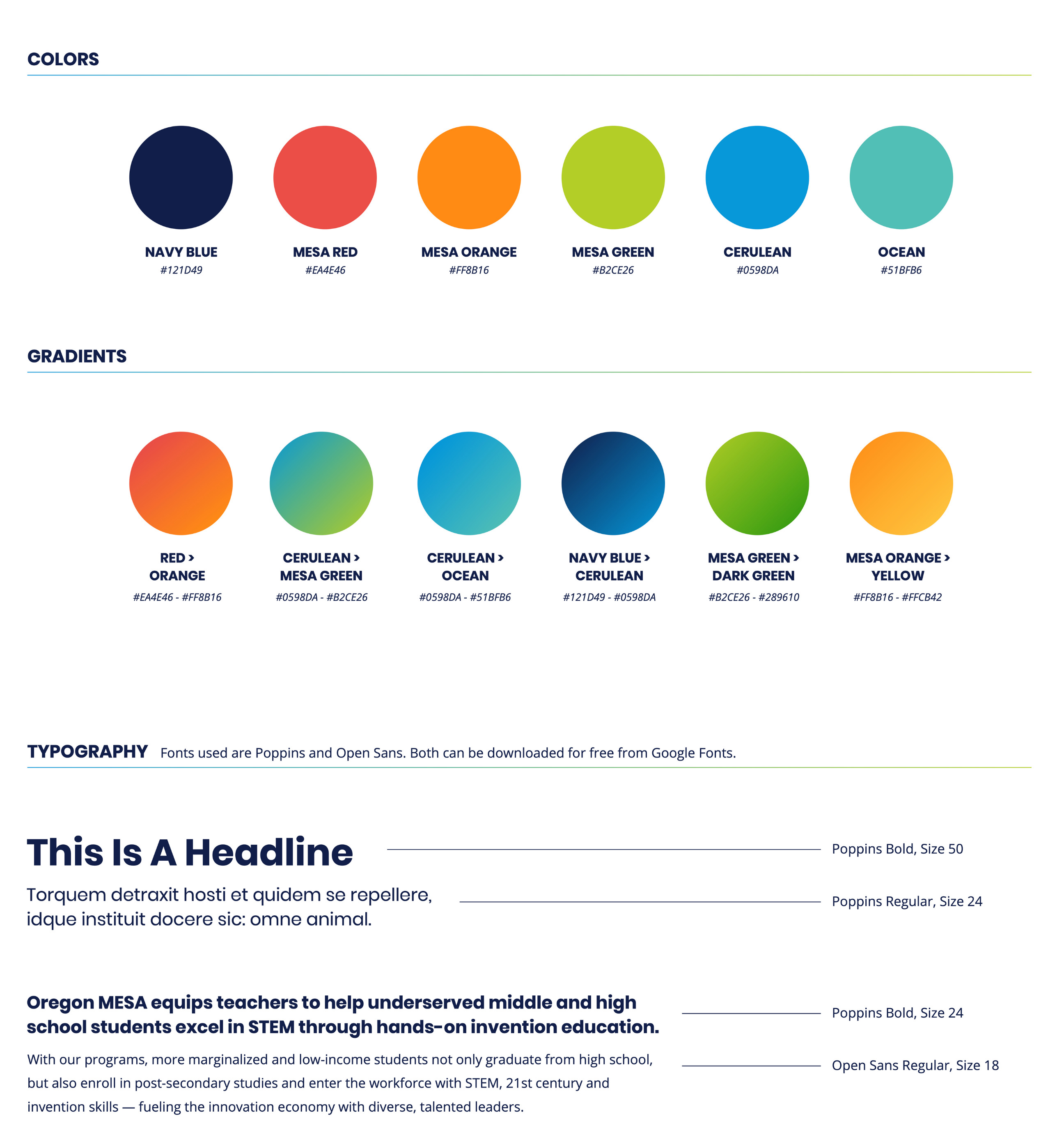 Media Kit Collateral A style guide showing six color swatches, matching gradient samples, and typography guidelines with example text and font names, sizes, and color codes displayed on a white background.
