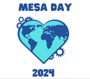 A blue heart-shaped world map with gears surrounds it. The text MESA Day 2024 appears above in bold blue letters on a light background, celebrating innovation and unity.