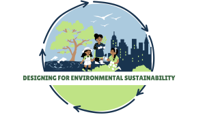 Illustration of three people gardening near a tree and pond, with a city skyline and flying birds in the background. Circular arrows encircle the scene, emphasizing Designing for Environmental Sustainability.