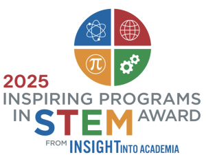 Logo for the Oregon MESA Honored with National 2025 Inspiring Programs in STEM Award, featuring a circle divided into four colored sections with science-related icons (atom, globe, pi symbol, gears).