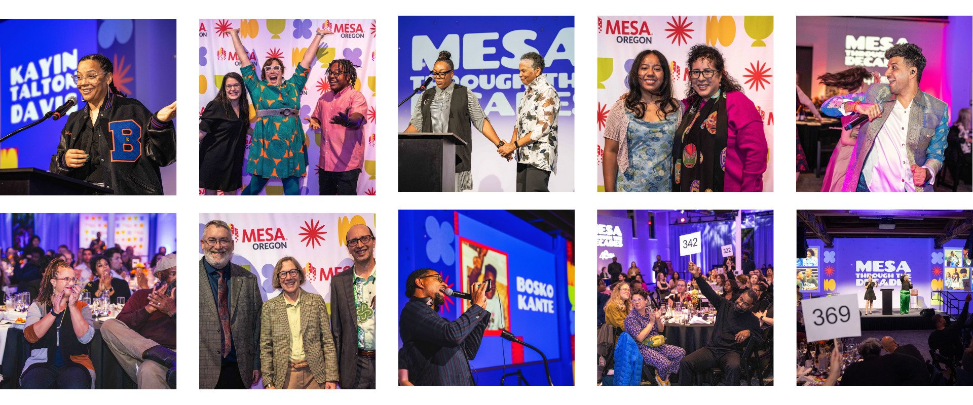 A collage of ten photos from the MESA through the decades 40th indoor event shows speakers at a podium, groups posing and smiling, an audience seated at tables, people raising bidding paddles, and performers onstage under colorful lighting and MESA Oregon banners.