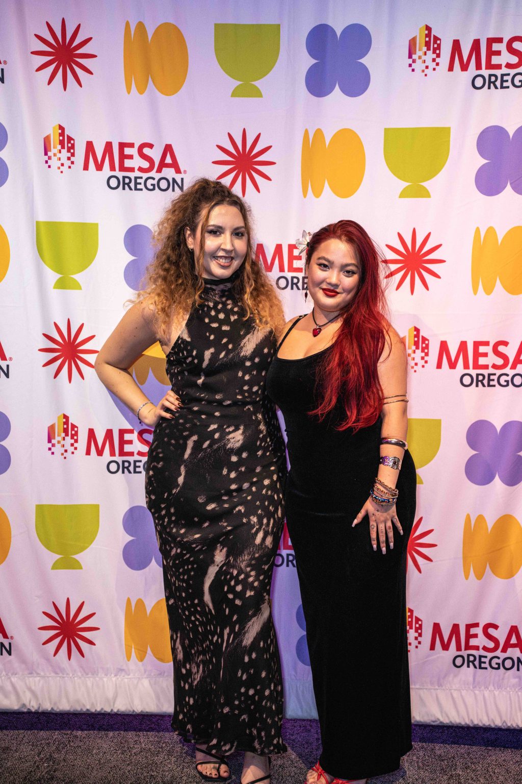 Two women dressed formally stand smiling in front of a colorful MESA Through the Decades 2025 Photo Gallery step-and-repeat banner featuring MESA Oregon and various geometric shapes in yellow, green, and purple.