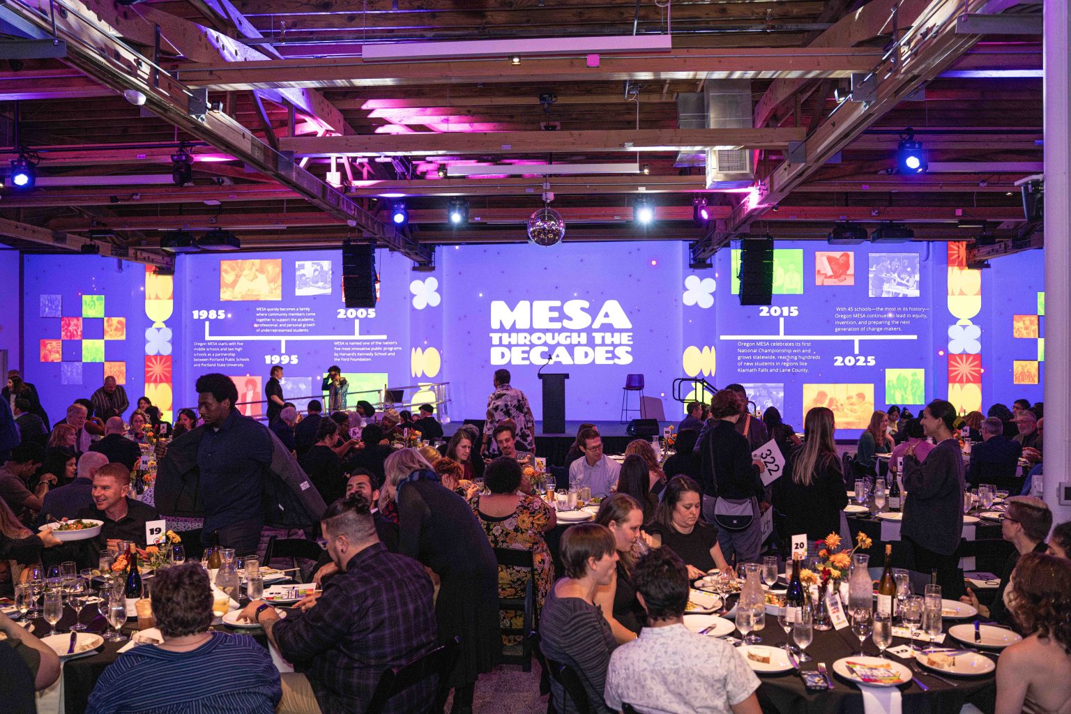 Large event hall with people dining at round tables. A stage at the front displays MESA Through the Decades, with colorful graphics and milestones from 1985 to 2025, perfect for the MESA Through the Decades 2025 Photo Gallery.