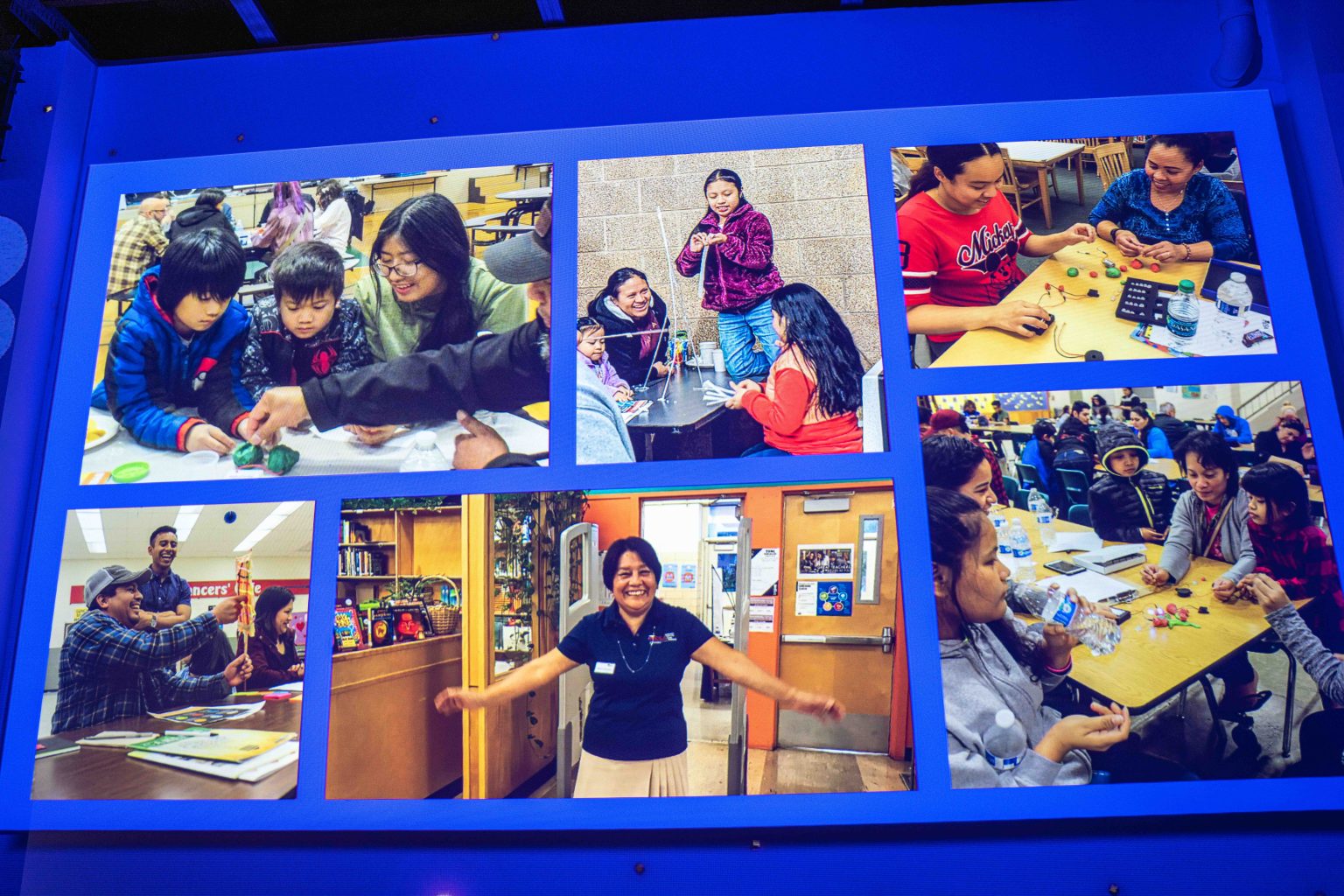 A collage from the MESA Through the Decades 2025 Photo Gallery showcases children and adults enjoying classroom and craft activities, smiling and working together, with a woman standing and smiling in the center image.