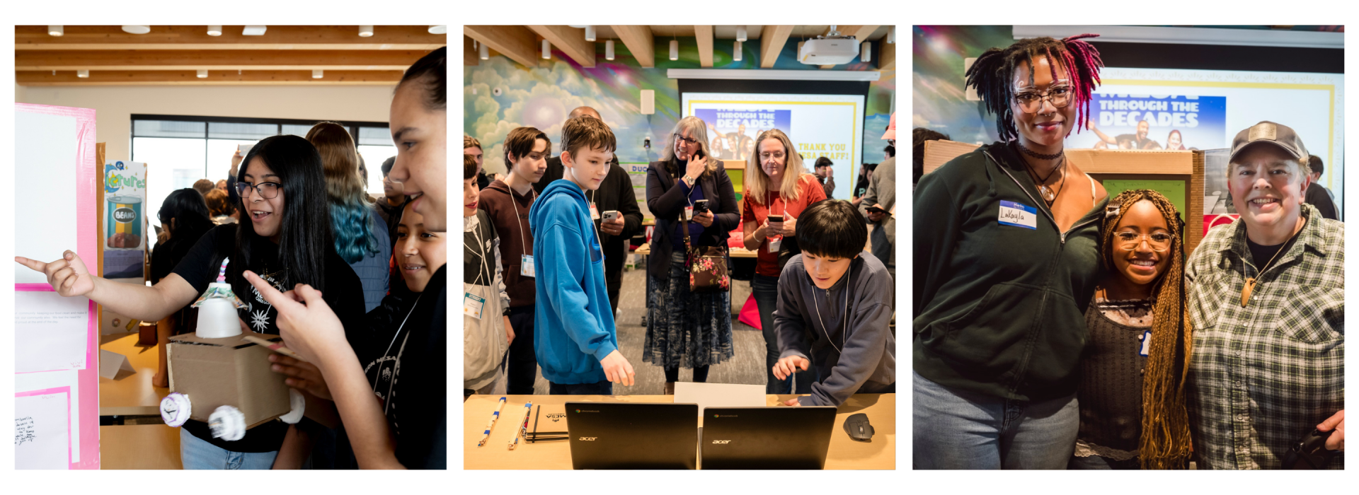 Three photos: Students present a project with a cardboard robot at 2026 Oregon MESA Demo Days; a group gathers around laptops at the busy event; three people smile together in front of a colorful display.