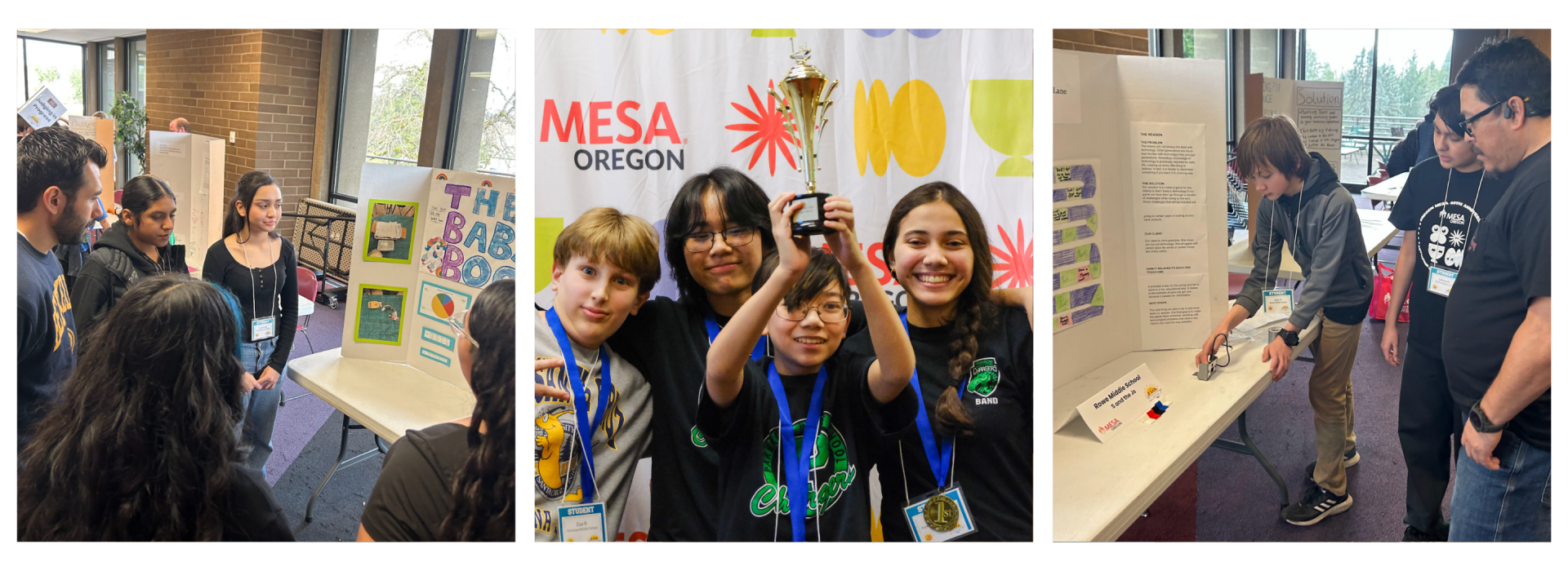 Students present science projects at a fair, with one group holding a trophy and smiling in front of a “MESA Oregon” backdrop, celebrating their achievement at the 2026 Oregon MESA Demo Days.