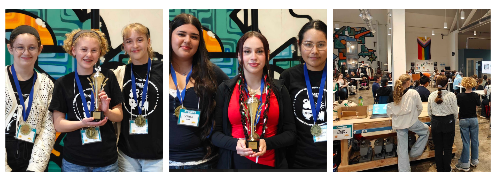 Three photos: a group of girls smiling with a trophy, two girls and a woman with medals and a trophy, and a busy workspace at the 2026 Oregon MESA Demo Days, with people collaborating at tables in name tags and workshop aprons.