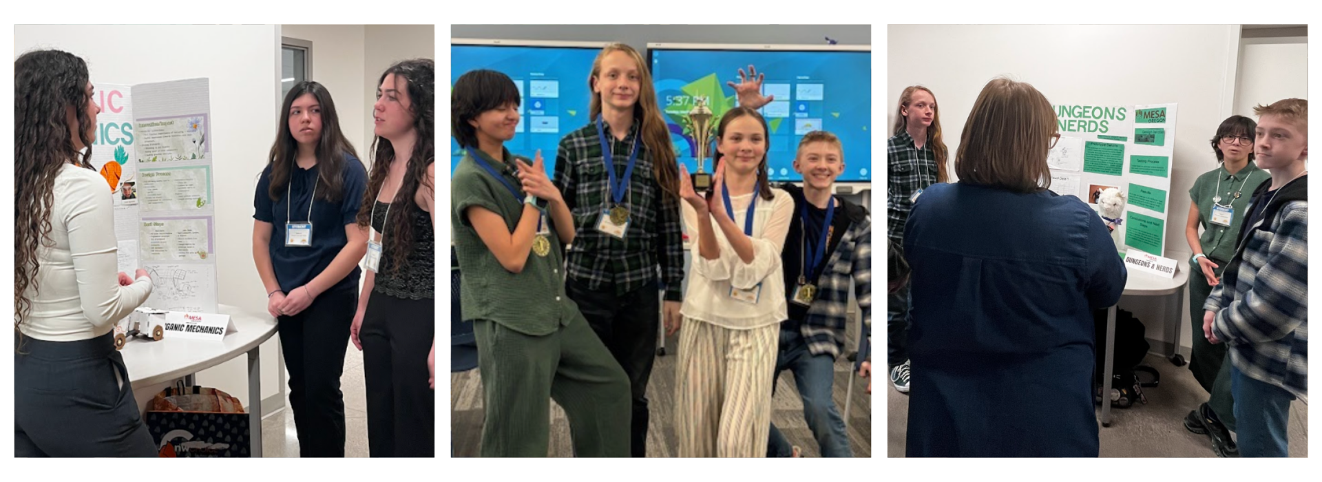 Three photos show groups of students presenting science or hobby projects at the 2026 Oregon MESA Demo Days; they are talking, gesturing, and showing their display boards to others in a classroom setting.