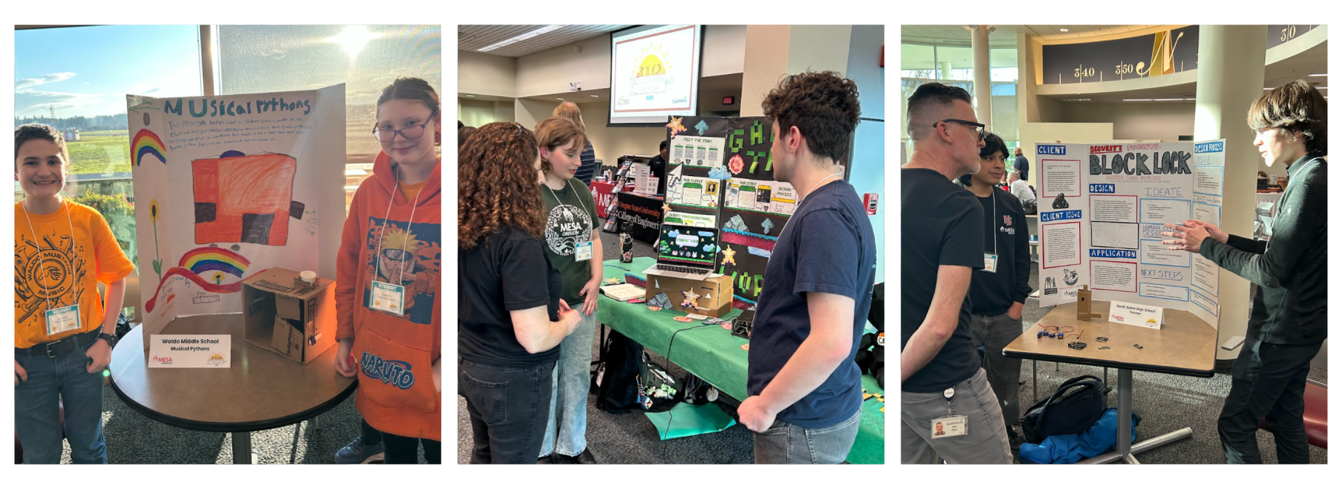 Three photos show students presenting science projects at the 2026 Oregon MESA Demo Days. Each group stands by a colorful display board, explaining their project to others in a bright, busy indoor space.