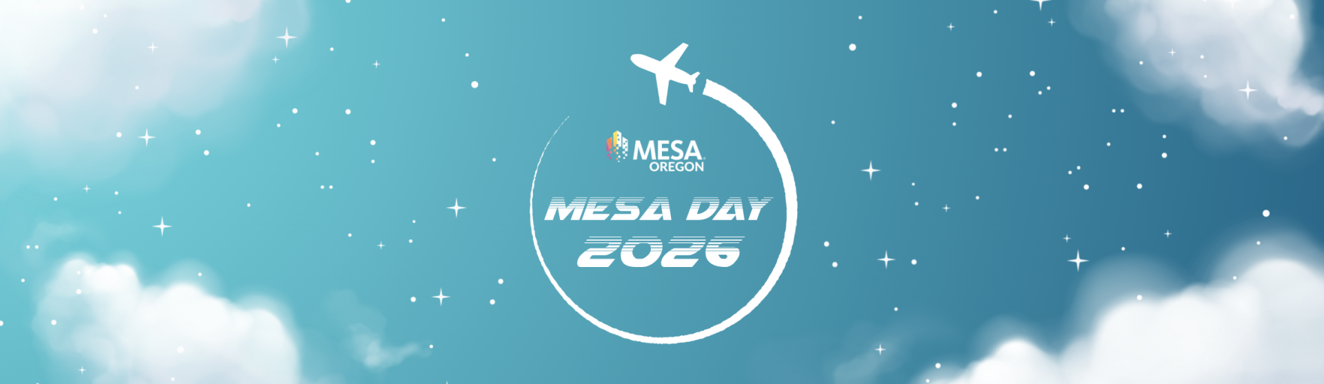 Airplane flying above a circular logo with “MESA Oregon” and “MESA Day 2026” on a blue sky background with stars and clouds.